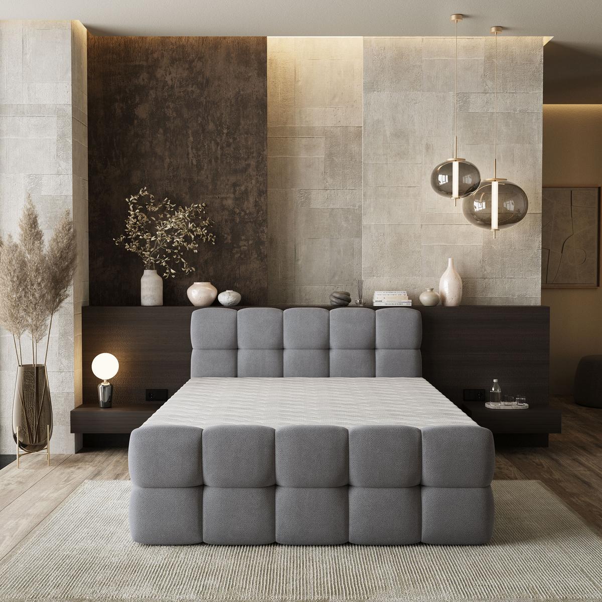 BOXBETT BRUME 200x200 cm mit Matratze und Topper, H2+H3 - Grau - Grau, Holz (200/200cm) - MASSENO