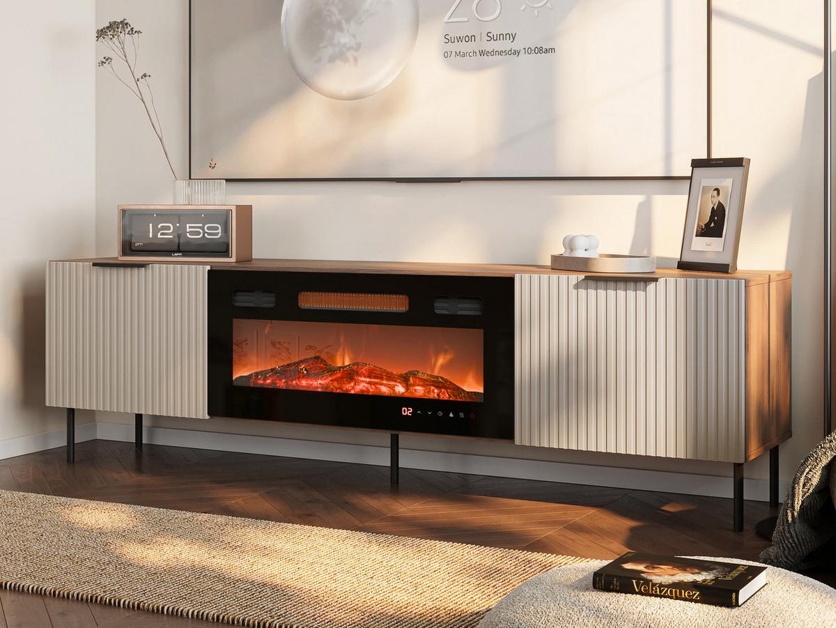 TV-LOWBOARD Almera 06 mit Kamin - Kaschmir/Nussbaumfarben, Holzwerkstoff/Metall (181/53/42cm) - MIRJAN24