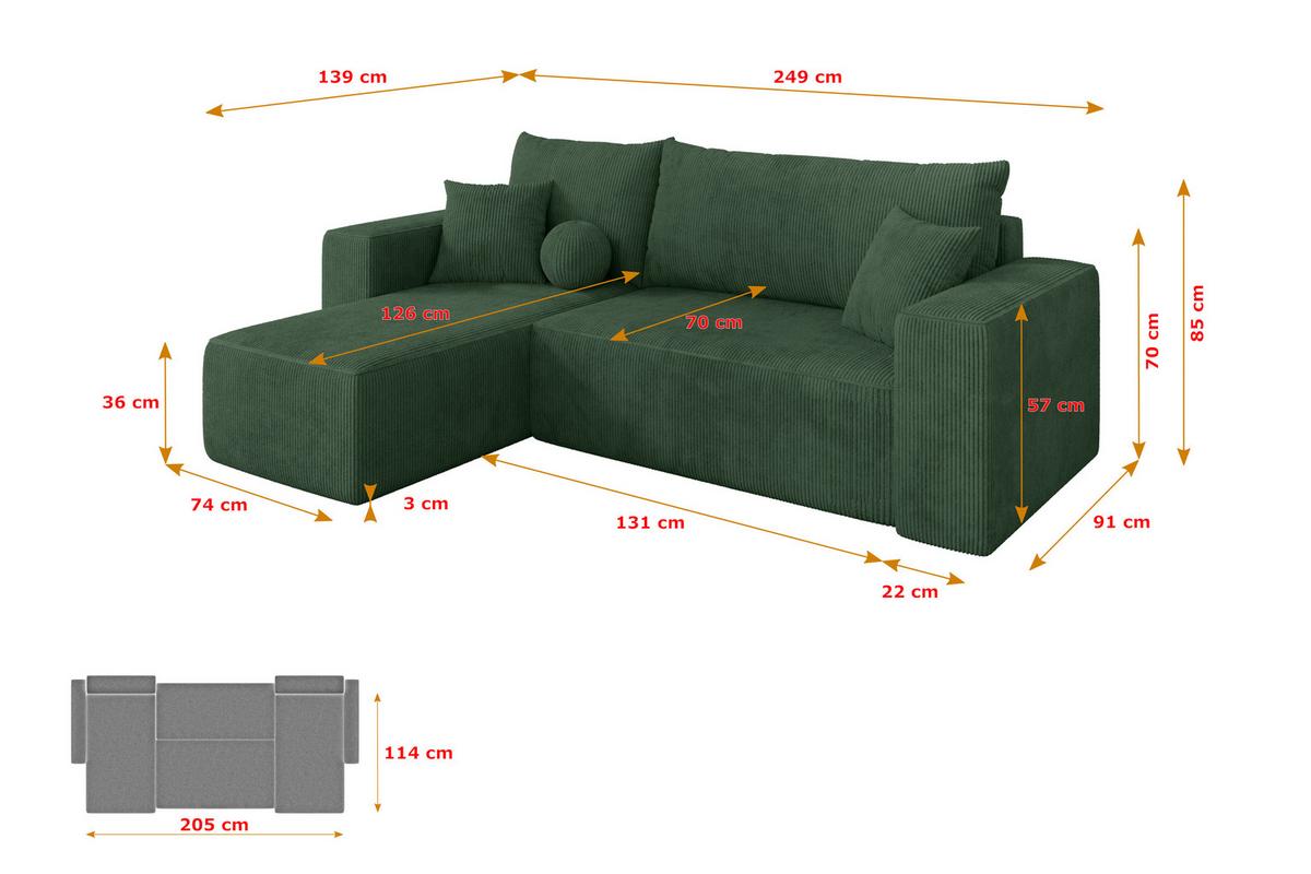 ECKSOFA mit Schlaffunktion Ottomane Links SENO-L 249x139x85 Grün Cord - Dunkelgrün/Schwarz, Holzwerkstoff/Kunststoff (249/139cm) - ALTDECOR