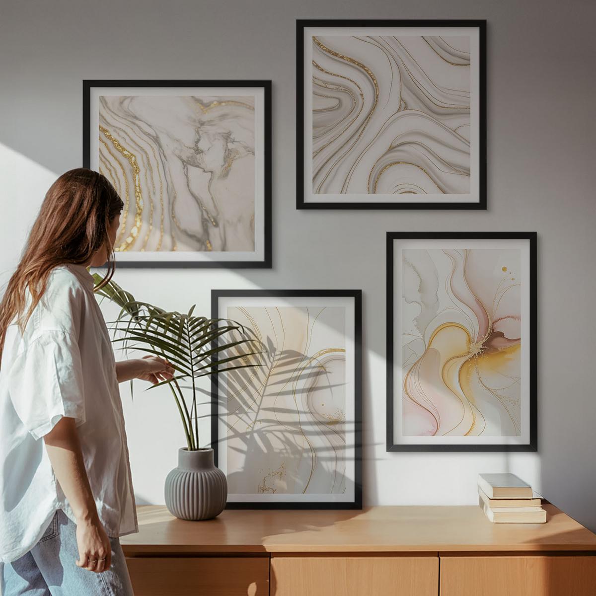 BILDER SET 4er Set - 50x50 cm & 40x60 cm Schwarzer Rahmen - Abstrakte warme Muster - Schwarz, Kunststoff (50/50cm) - TULUP