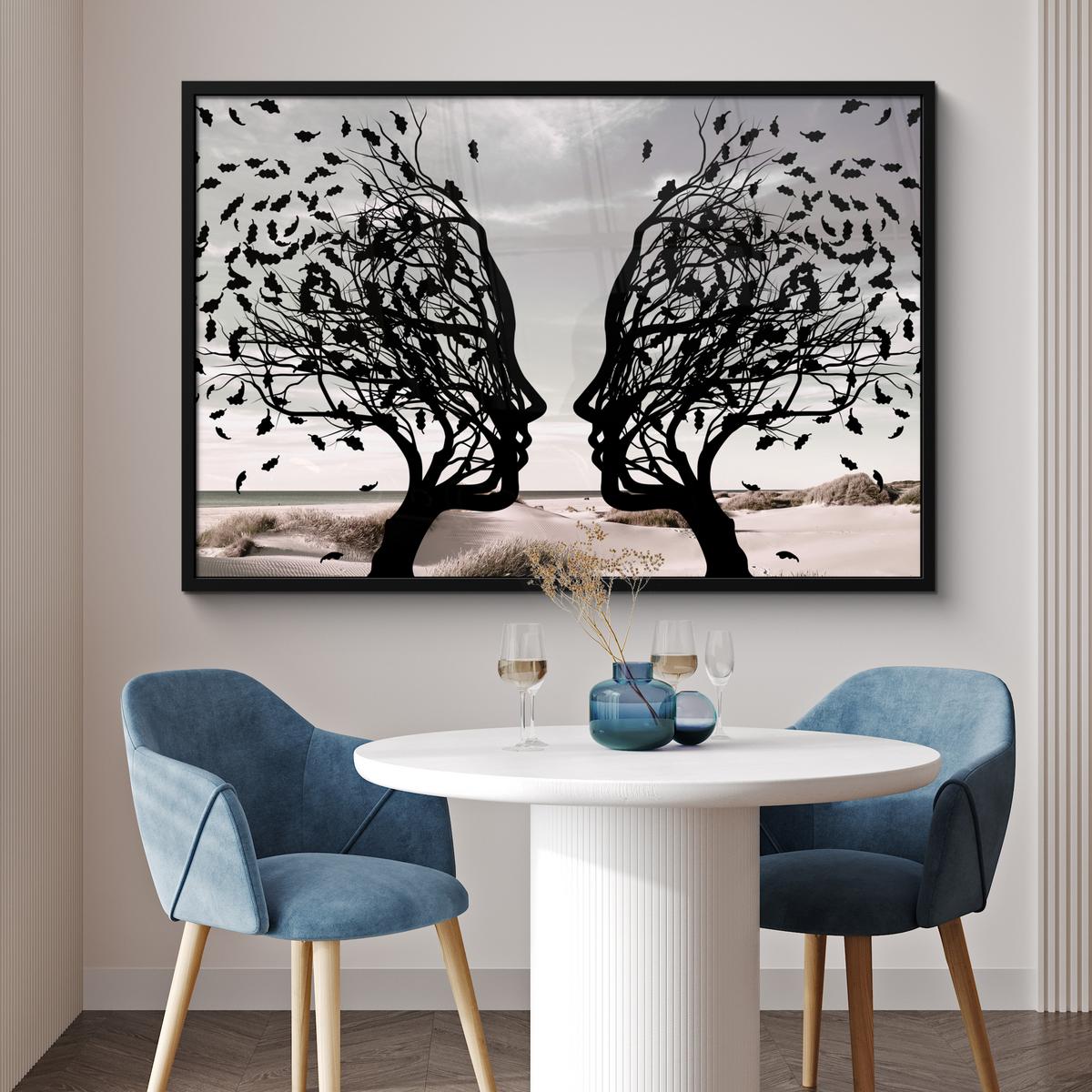 POSTER MIT RAHMENGERAHMTES BILD Strand - Meer - Menschen - Baum - Moderne Kunst 120x80 cm - Hellgrau, Papier (120/80cm) - MuchoWow