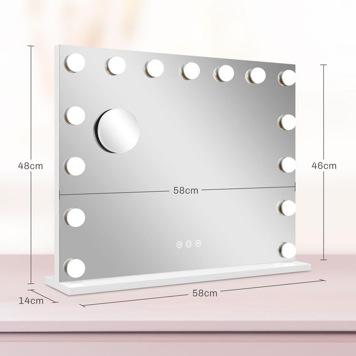 HOLLYWOOD Spiegel mit Beleuchtung, Dimmbar Schminkspiegel mit 15 LED Licht - Weiß, Glas (14/48/58cm) - HOMCOM