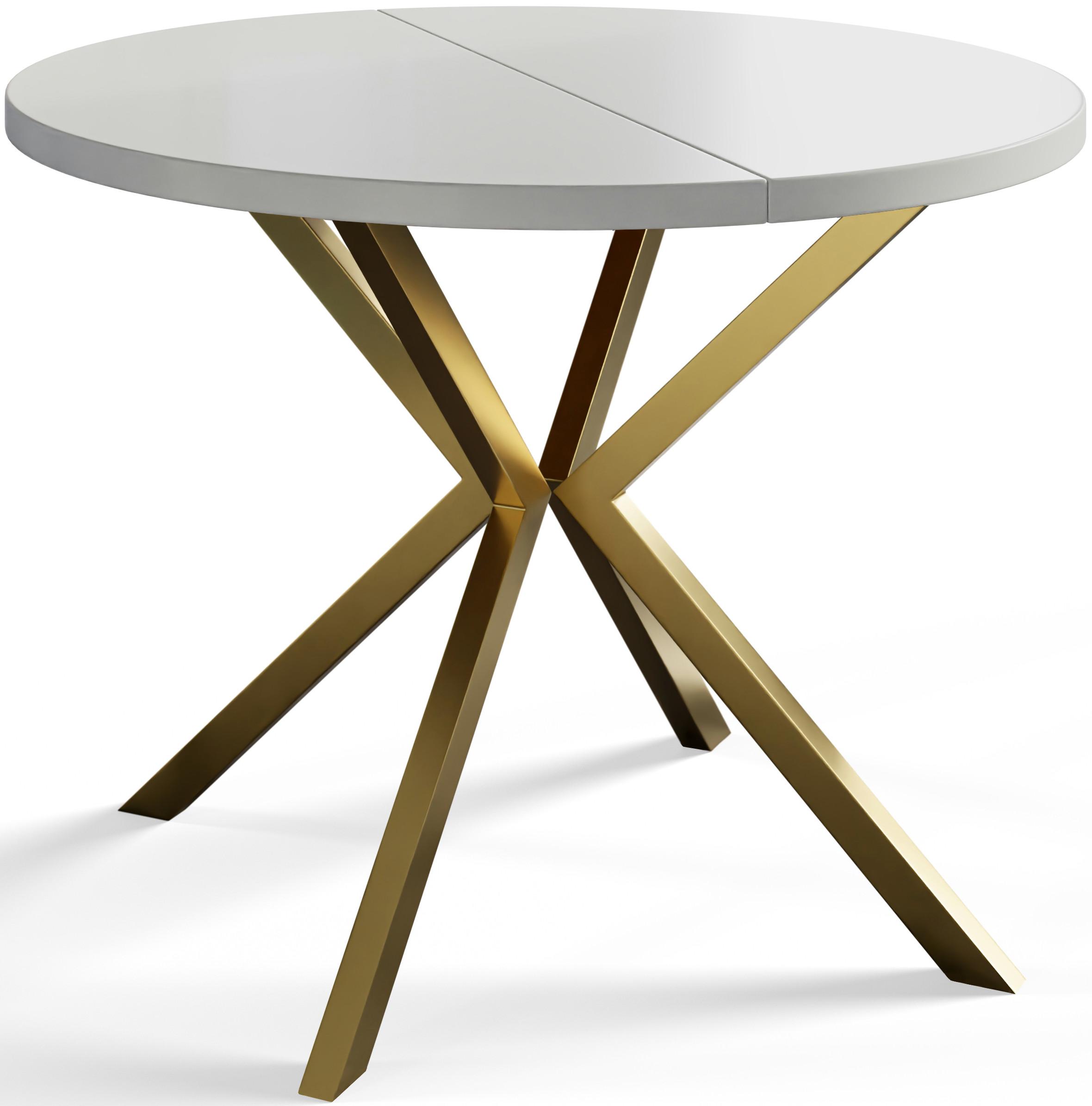 RUNDER Esszimmertisch LOFT LITEN, ausziehbarer Tisch Durchmesser: 100 cm/180 cm, Wohnzimmertisch Farbe: Weiß, mit Metallbeinen in Farbe Gold - Goldfarben/Weiß, Holzwerkstoff (100/100/76cm) - Alpi-Möbel