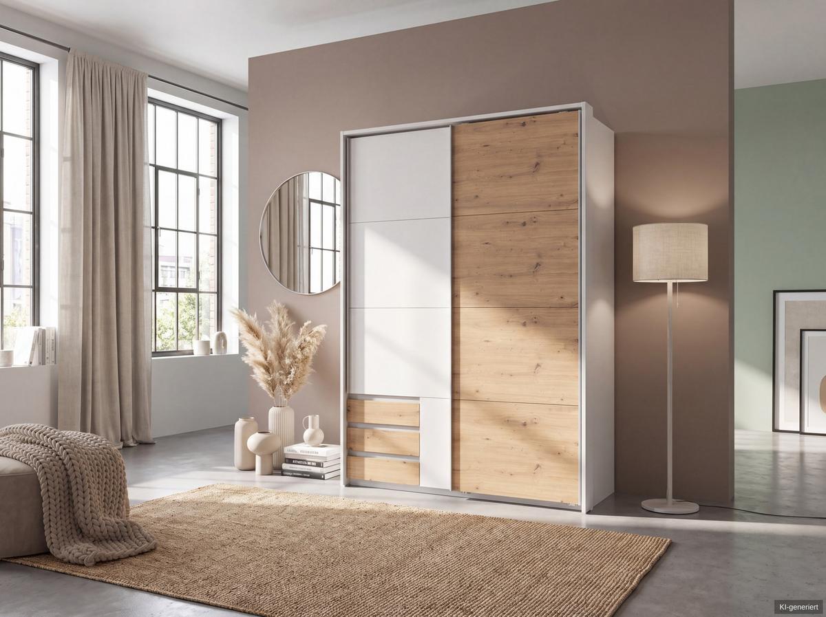 SCHWEBETÜRENSCHRANK 2-türig B138/H200/T65 cm, Passepartout-Kleiderschrank in Weiß, 1x Tür & Schubkästen in Eiche Artisan Dekor / 22669 - Eichefarben/Alufarben, Holz/Holzwerkstoff (138/200/65cm) - luma-home