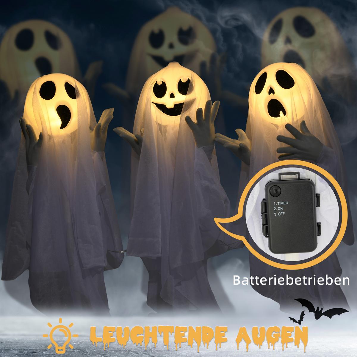 3ER-SET Halloween Dekoration Halloween-Geister-Hofpfählen mit LED-Lichter - Weiß, Kunststoff (10/60/54cm) - HOMCOM