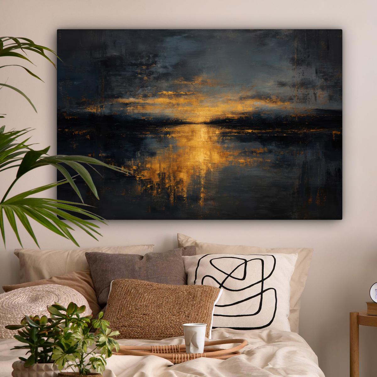 LEINWANDBILD Goldene Reflexion auf dem Wasser Wohnzimmer Groß 120x80 cm - Anthrazit, Textil (120/80cm) - MuchoWow