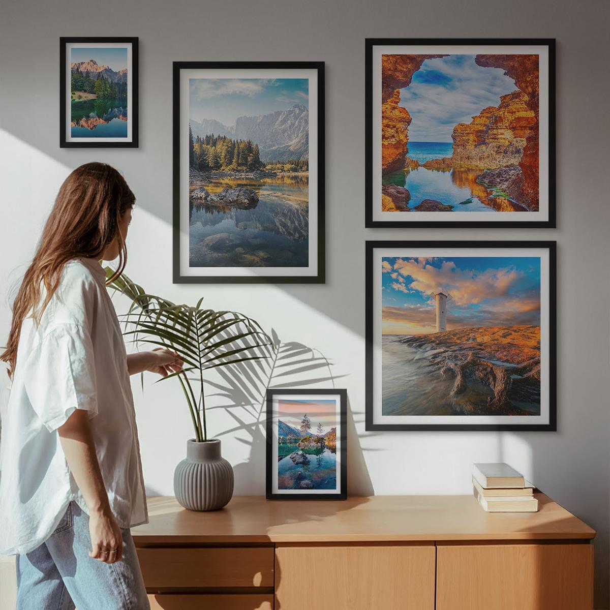 BILDER SET 5er Set - 50x50 cm & 20x30 cm & 40x60 cm Schwarzer Rahmen - Aussicht Paris New York Treppen - Schwarz, Kunststoff (40/60cm) - TULUP