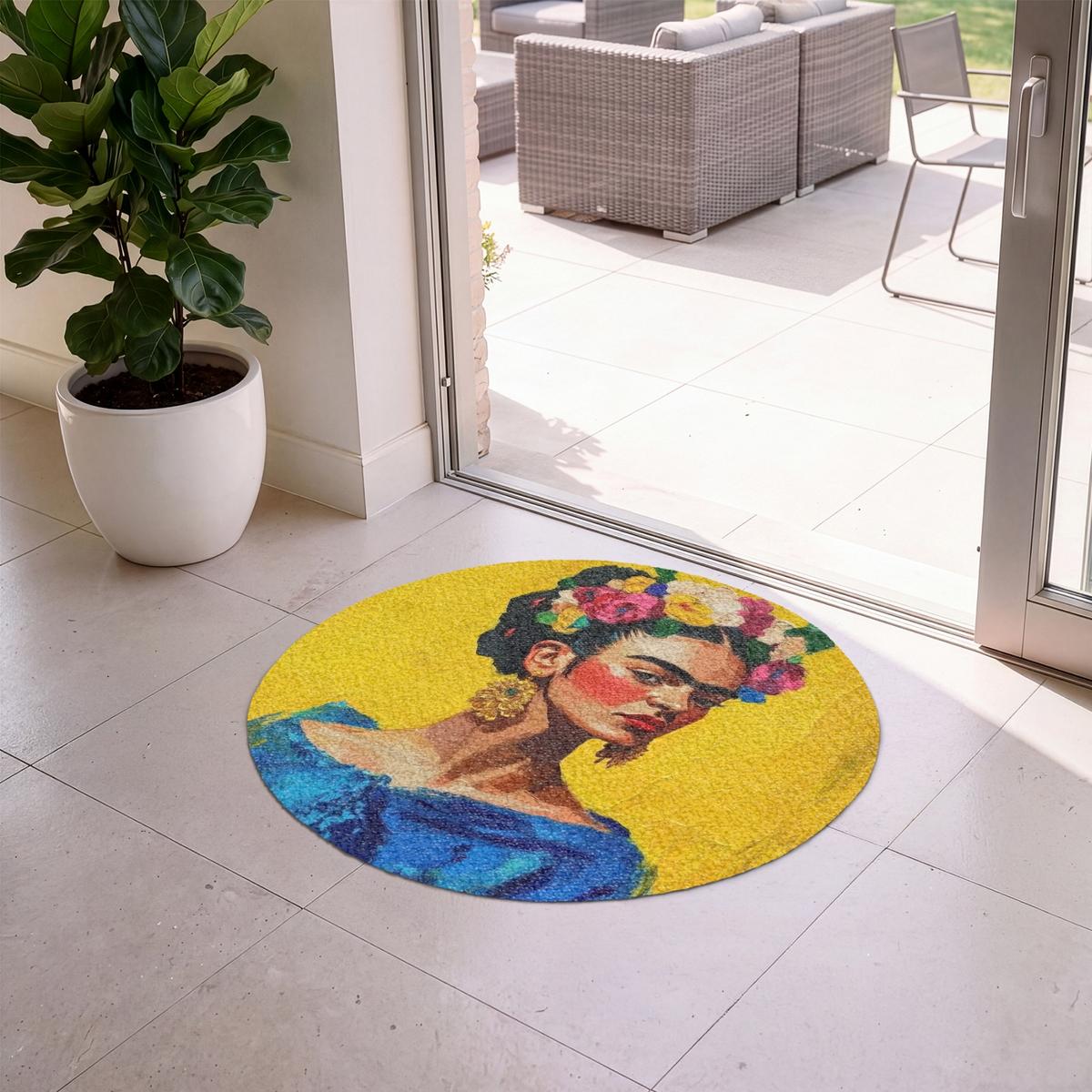FUSSMATTE Frida Kahlo - Frau - Gelb - Blau - Blumen Schmutzfangmatte 90x90 cm - Gelb, Kunststoff (90/0.4cm) - MuchoWow