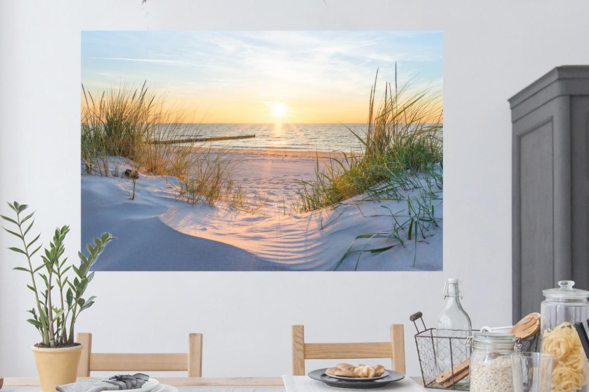 WANDTATTOO Strand - Sonne - Düne - Gras - Sand - Horizont Wandsticker 120x80 cm - Hellblau, Kunststoff (120/80/0.1cm) - MuchoWow