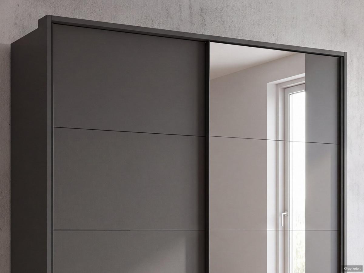 SCHWEBETÜRENSCHRANK 2-türig B183/H200/T65 cm, Passepartout-Kleiderschrank in Grafit mit sichtbaren Schubkästen & Spiegel / 22714 - Graphitfarben/Schwarz, Holz/Holzwerkstoff (183/200/65cm) - luma-home