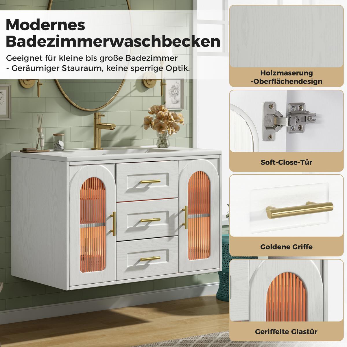 WASCHTISCH mit Unterschrank 76cm Weiß Holzoptik mit LED & Glastür - Weiß, Holzwerkstoff (76/55/46cm) - Urban Meuble