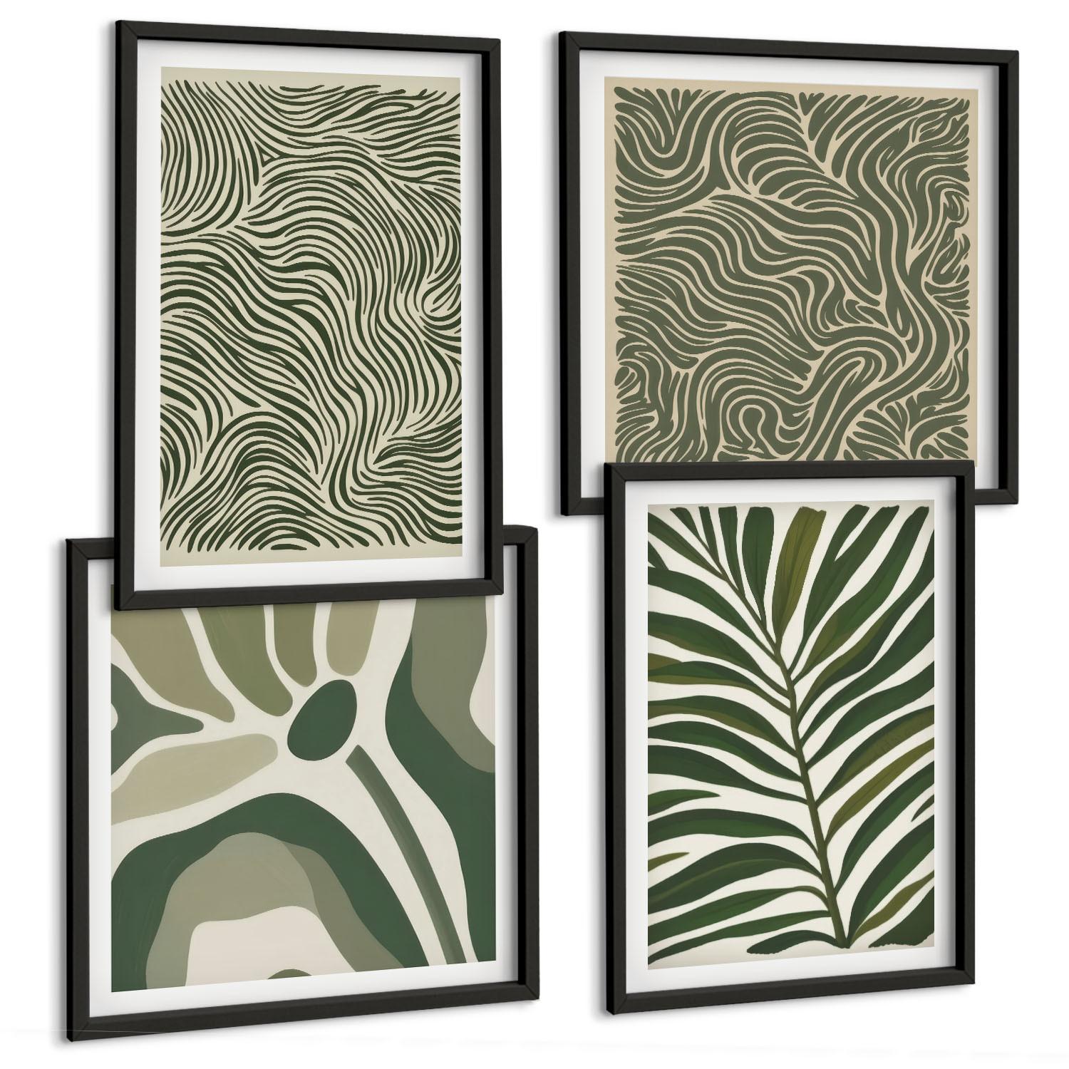 BILDER SET 4er Set - 50x50 cm & 40x60 cm Schwarzer Rahmen - Blattmuster und wellenförmige Formen - Schwarz, Kunststoff (50/50cm) - TULUP