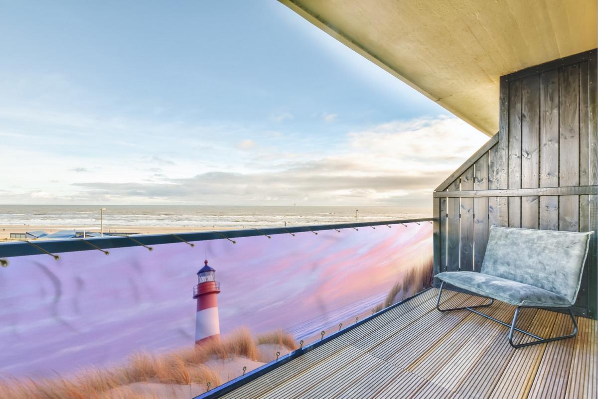 BALKON-SICHTSCHUTZ Leuchtturm - Dünen - Sonnenuntergang Groß 500x80 cm - Hellrosa, Kunststoff (500/80cm) - MuchoWow
