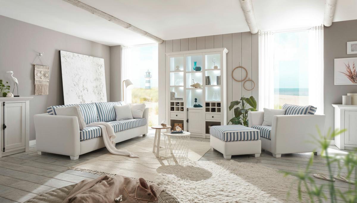 SOFA 2,5-Sitzer creme blau gestreift, Landhaus 200 cm, Couch inklusive 4 Kissen - Blau/Creme, Holz/Textil (200/88/96cm) - Furn.Design