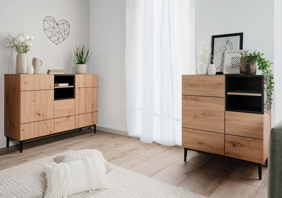KOMMODE Eiche Artisan, schwarz 120 cm, Sideboard mit viel Stauraum - Schwarz/Eiche Artisan, Holzwerkstoff (120/90/42cm) - Furn.Design