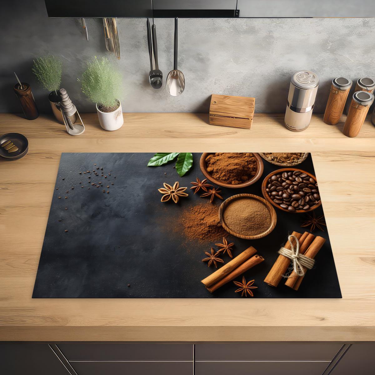 HERDABDECKPLATTE Zimt - Beton - Kaffee - Zimtstangen - Gewürze Ceranfeldabdeckung 76x51.5 cm - Mokka, Kunststoff (76/51.5/0.2cm) - MuchoWow