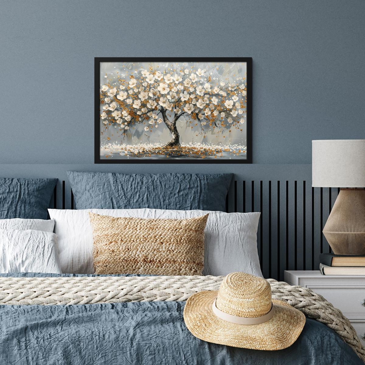 POSTER MIT RAHMENGERAHMTES BILD Baum - Blumen - Weiß - Natur - Kunst 60x40 cm - Weiß, Papier (60/40cm) - MuchoWow