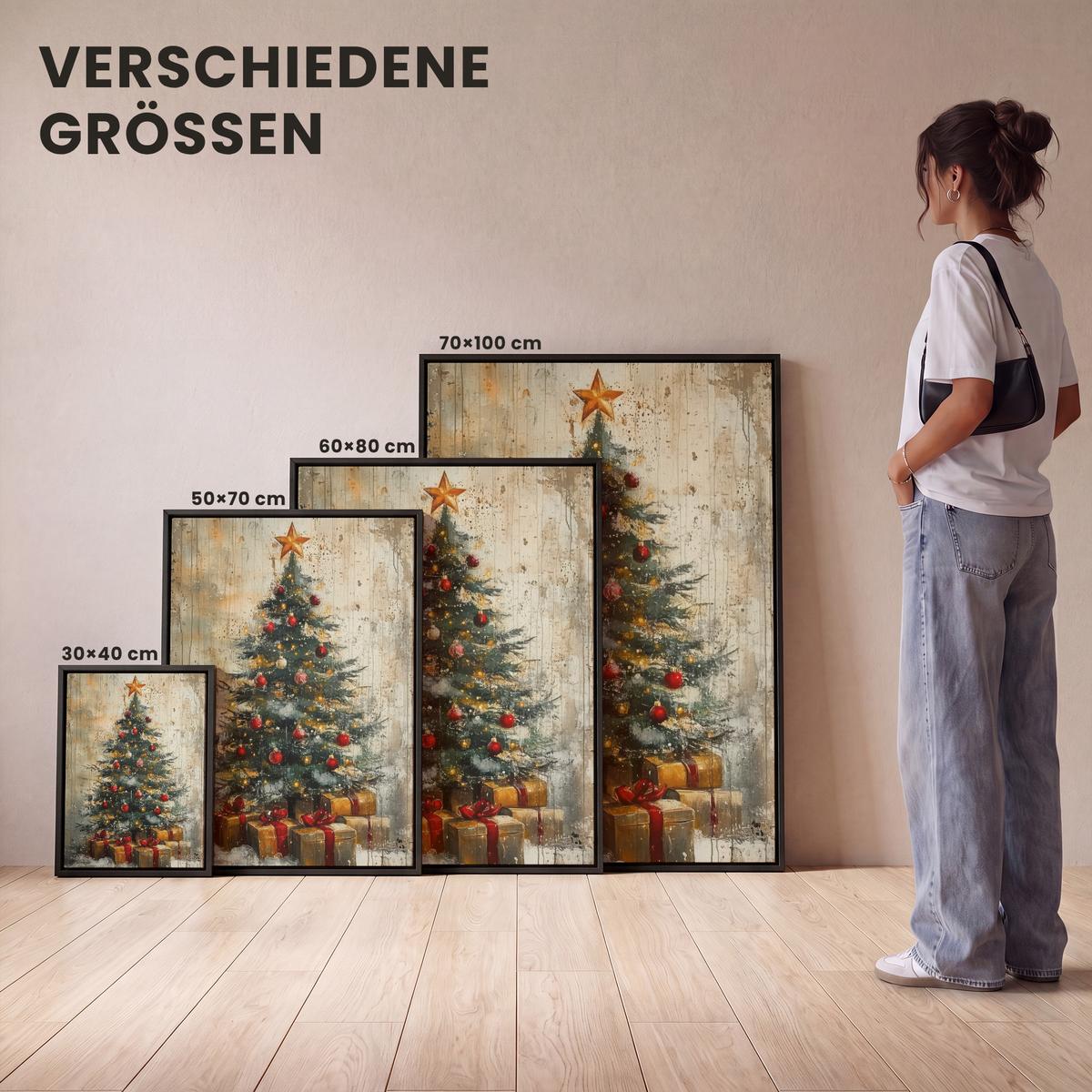 LEINWAND Bilder mit Rahmen - Weihnachtsbaum - Vintage - Weihnachten - Geschenk - 70x100 - Rostfarben, Textil (70/100cm) - MuchoWow