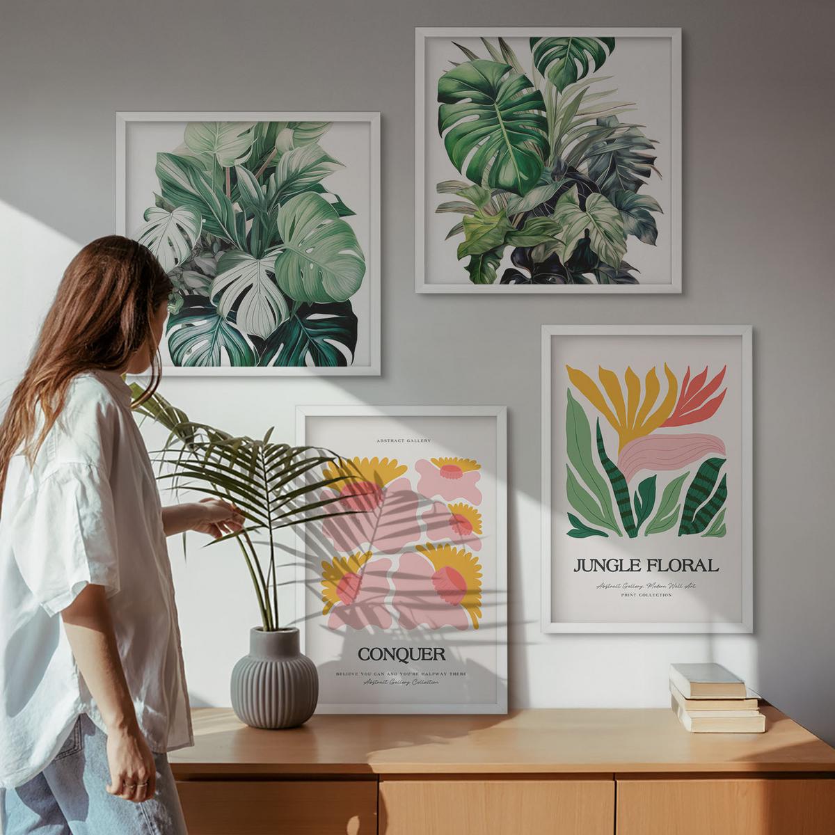 BILDER SET 4er Set - 50x50 cm & 40x60 cm Weißer Rahmen - Blumen und Blätter – moderne Poster - Weiß, Kunststoff (50/50cm) - TULUP
