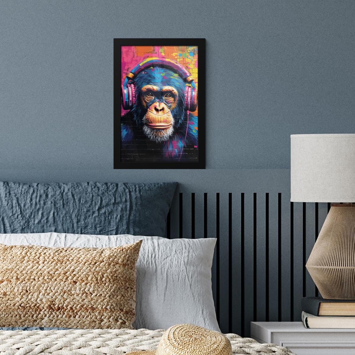 POSTER MIT RAHMENGERAHMTES BILD Graffiti - Schimpanse - Straßenkunst - Kopfhörer - Affe Poster 20x30 cm - Blau, Papier (20/30cm) - MuchoWow