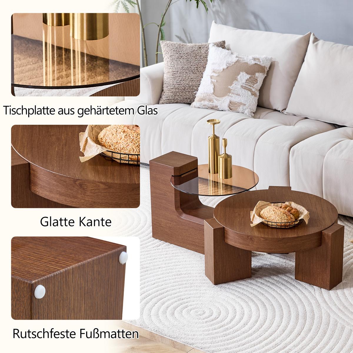 COUCHTISCH 2er-set nussbaum-optik & braunes glas trennbar - Walnussfarben, Holzwerkstoff (61/61/30cm) - Urban Meuble