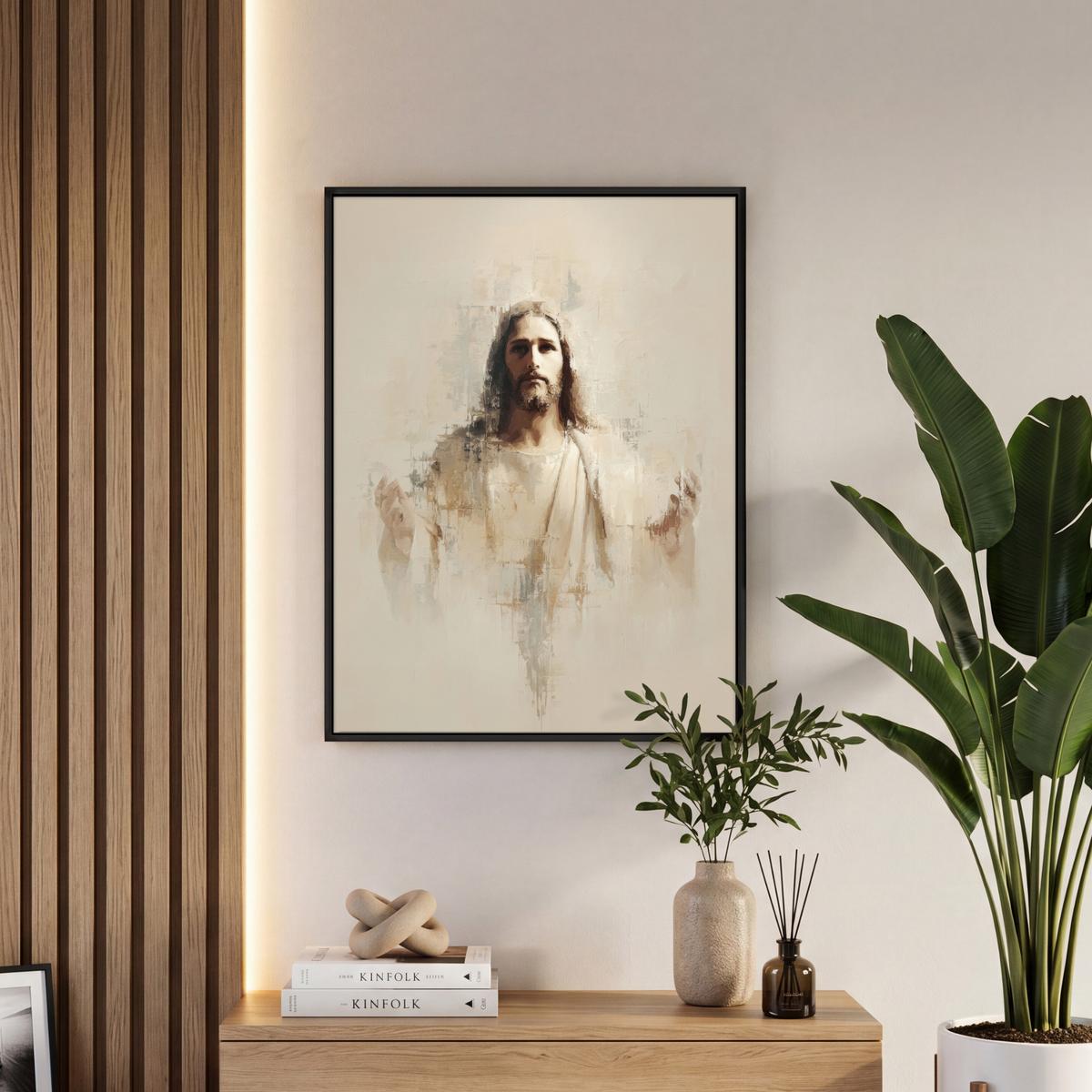 LEINWAND Bilder mit Rahmen - Porträt - Abstrakt - Jesus - Beige - 60x80 - Beige, Textil (60/80cm) - MuchoWow