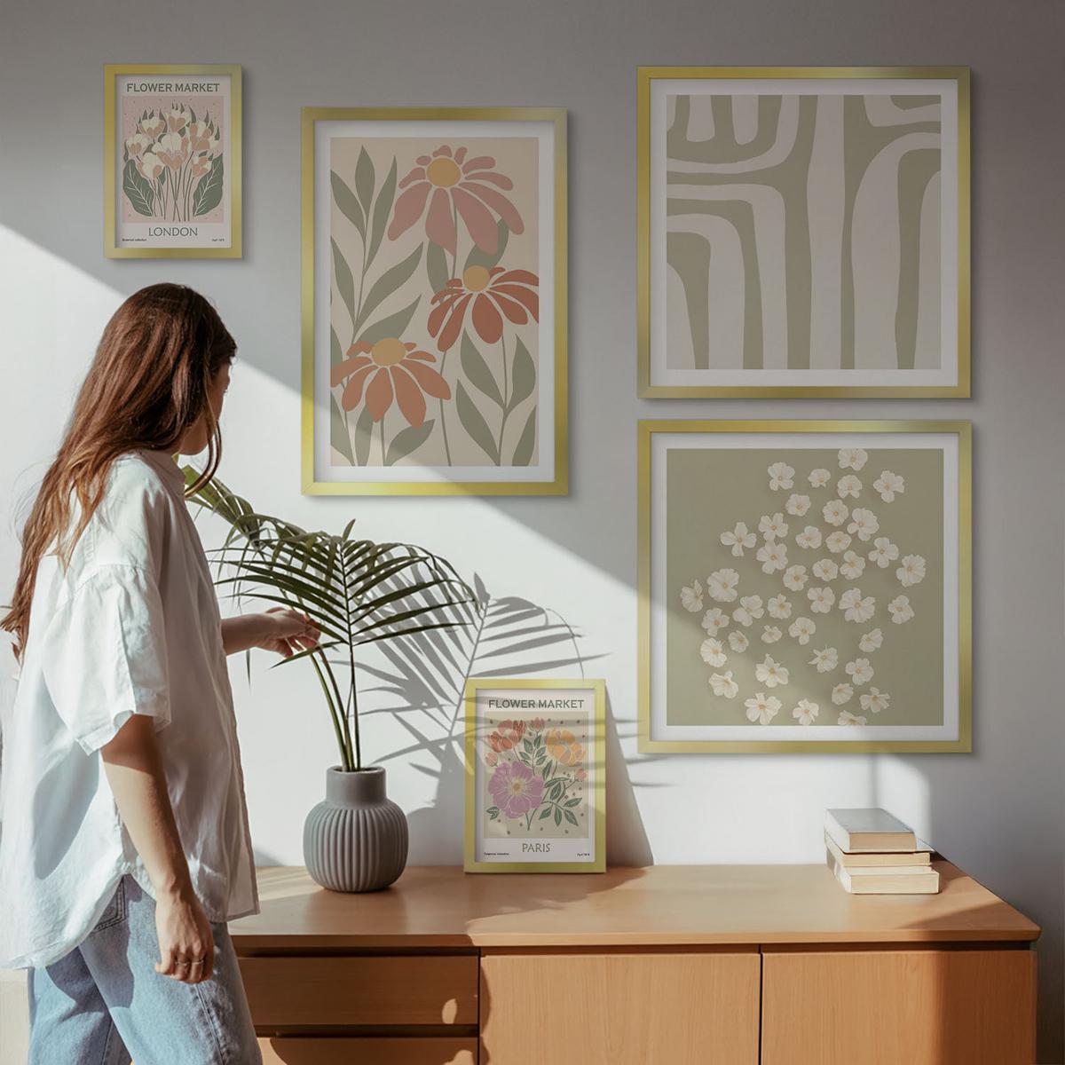 BILDER SET 5er Set - 50x50 cm & 20x30 cm & 40x60 cm Goldrahmen - Botanische Motive, Pariser Minimalismus - Goldfarben, Kunststoff (40/60cm) - TULUP