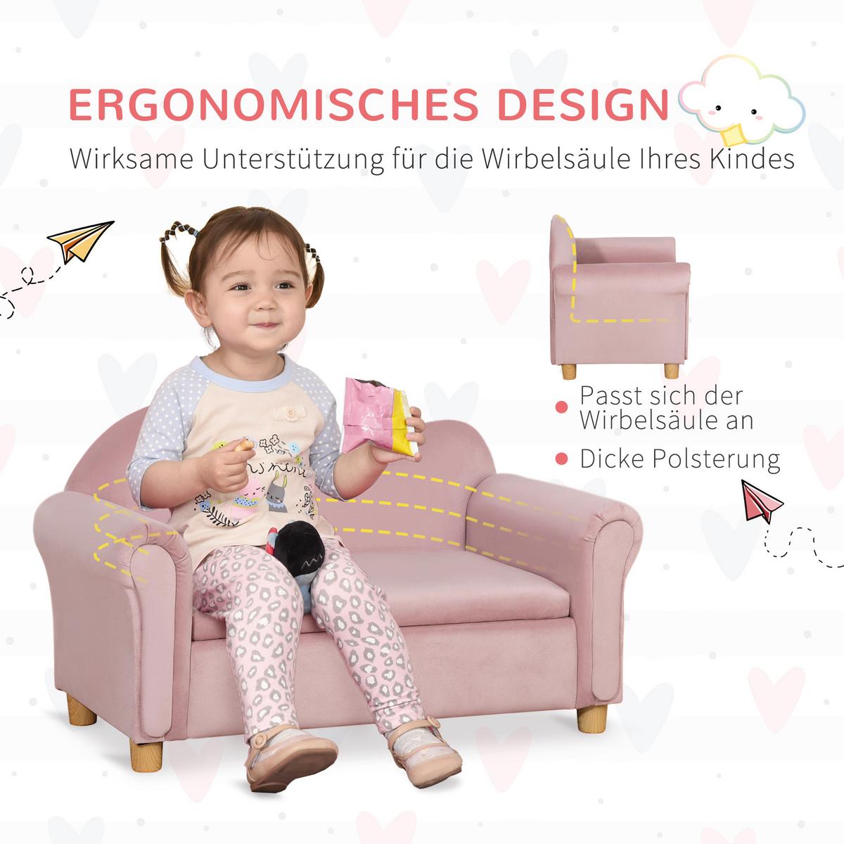KINDERSOFA Kindercouch mit Stauraum, Spielsofa, Zweisitzer für Kinder 3-5 Jahre - Rosa, Kunststoff (41.5/48.5/84cm) - HOMCOM