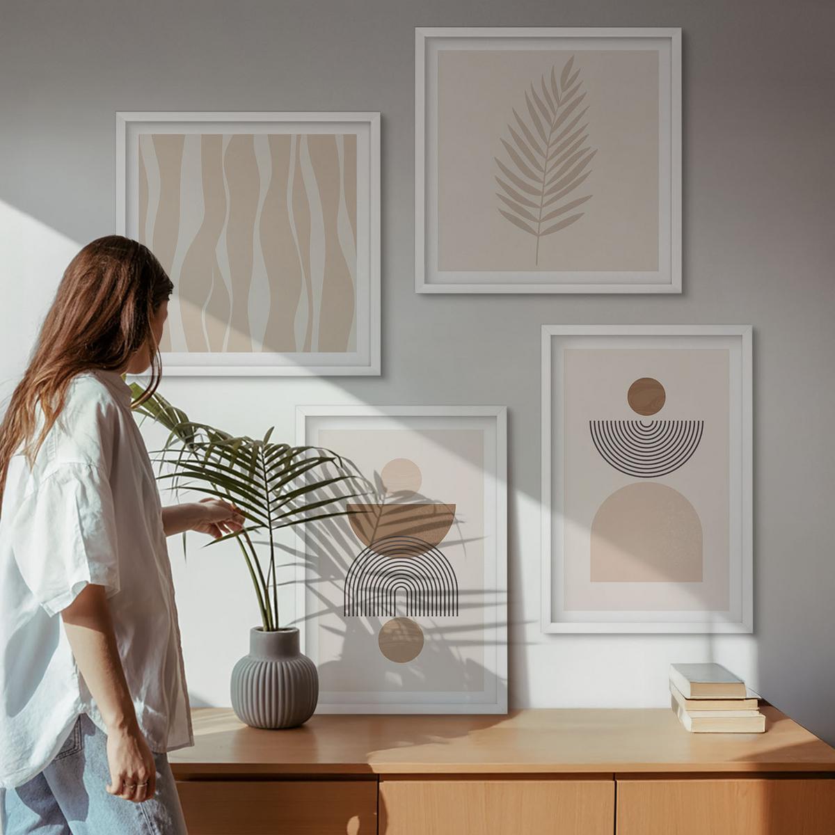 BILDER SET 4er Set - 50x50 cm & 40x60 cm Weißer Rahmen - Abstrakte Formen braun beige - Weiß, Kunststoff (50/50cm) - TULUP