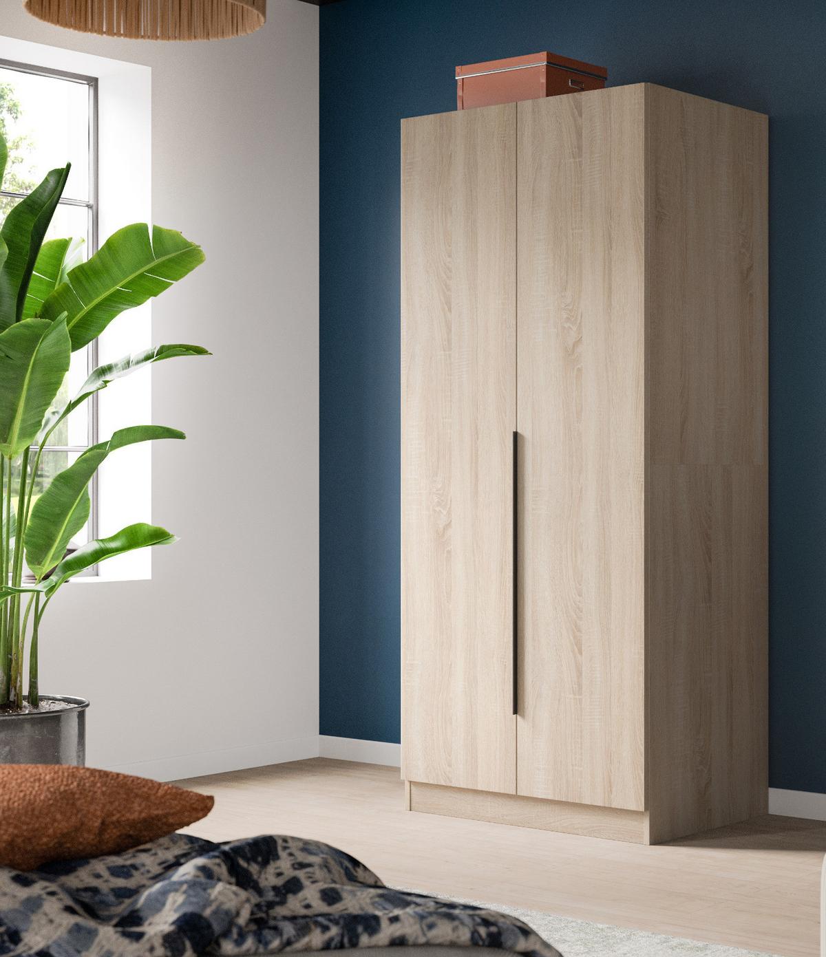 KLEIDERSCHRANK Eiche Sonoma 2-türig 80 x 181 cm, Drehtürenschrank mit zusätzlichen Einlegeböden - Eichefarben/Schwarz, Holzwerkstoff/Kunststoff (80/181/52cm) - Inn.Furn