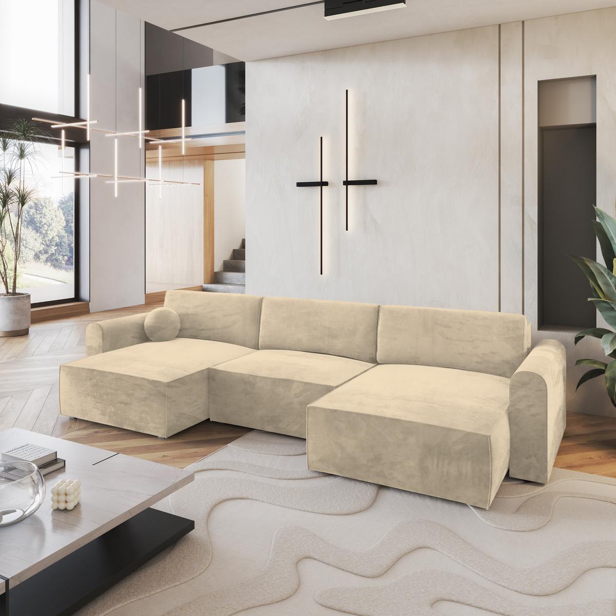 WOHNLANDSCHAFT FENTO M Creme Velours-Stoff mit Schlaffunktion - Creme/Grau, Holz/Kunststoff (347/90/148cm) - MASSENO