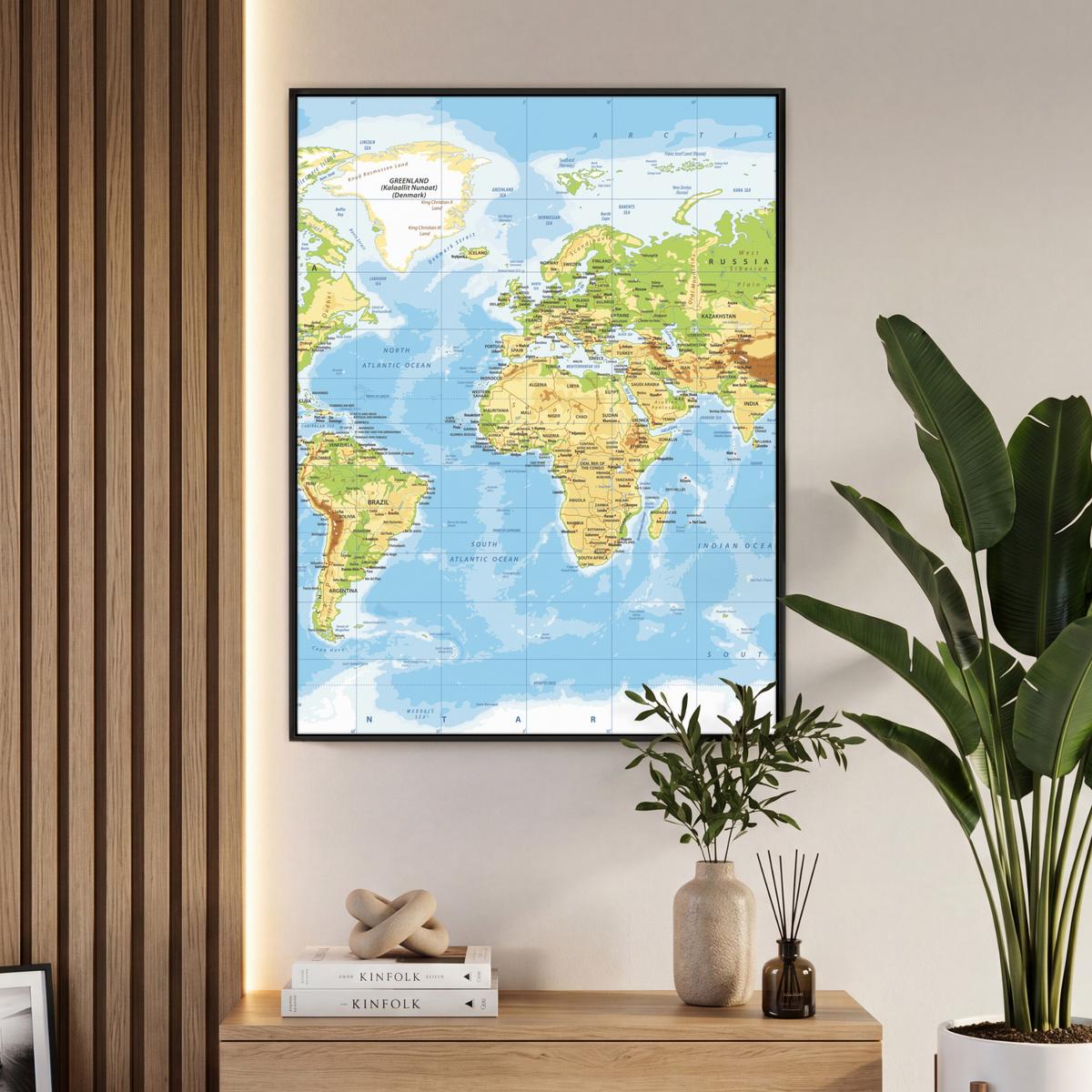 LEINWAND Bilder mit Rahmen - Weltkarte - Statistisch - Blau - Erde - Bildung - 70x100 - Blau, Textil (70/100cm) - MuchoWow