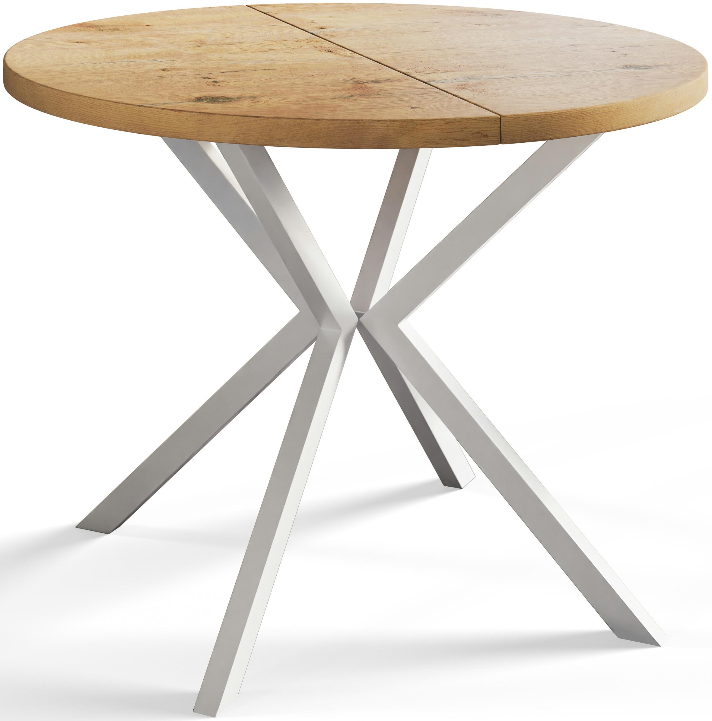 RUNDER Esszimmertisch LOFT LITEN, ausziehbarer Tisch Durchmesser: 90 cm/170 cm, Wohnzimmertisch Farbe: Hellbraun, mit Metallbeinen in Farbe Weiß - Beige/Weiß, Holzwerkstoff (90/90/76cm) - Alpi-Möbel