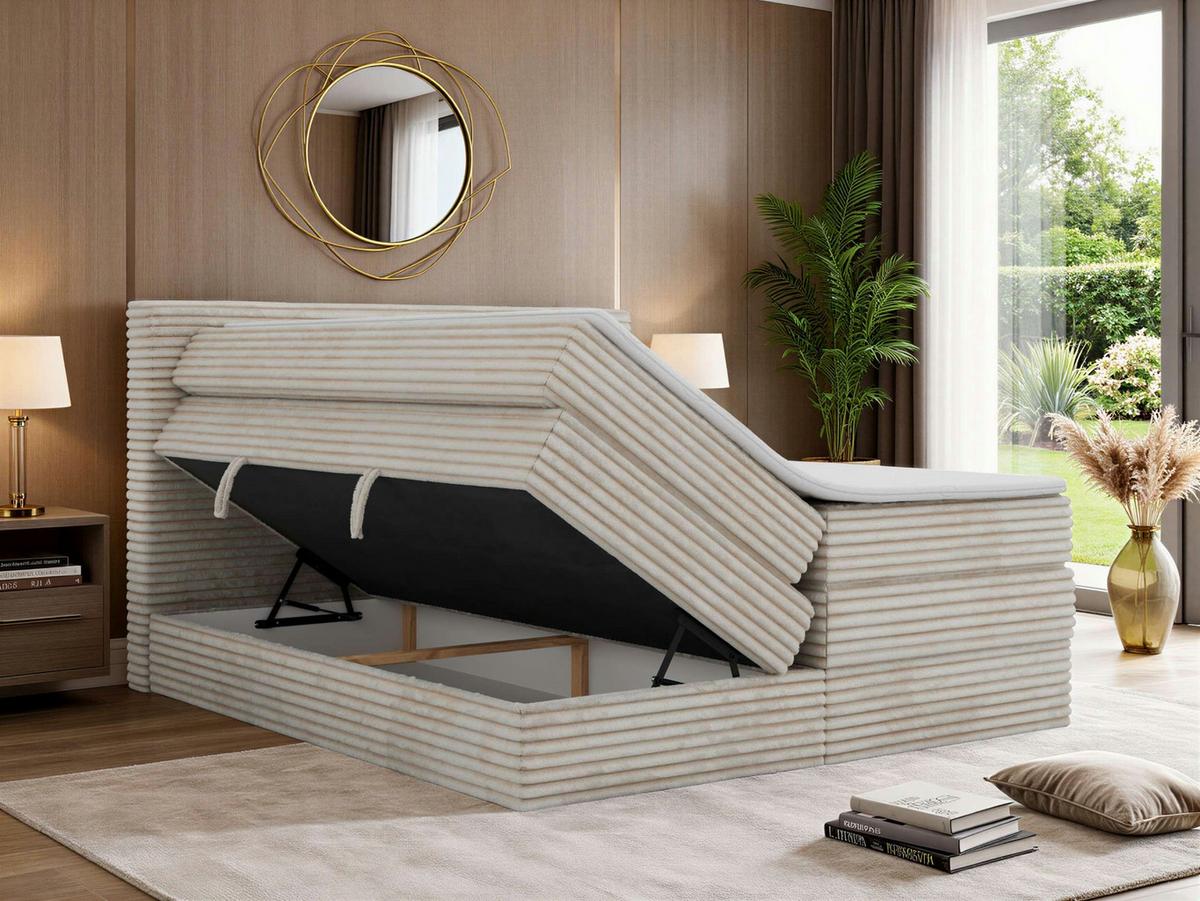 BOXSPRINGBETT TILION KING 200/200 - Beige Cord - Topper Visco - H3 - Beige/Schwarz, Kunststoff/Textil (200/200cm) - MKS