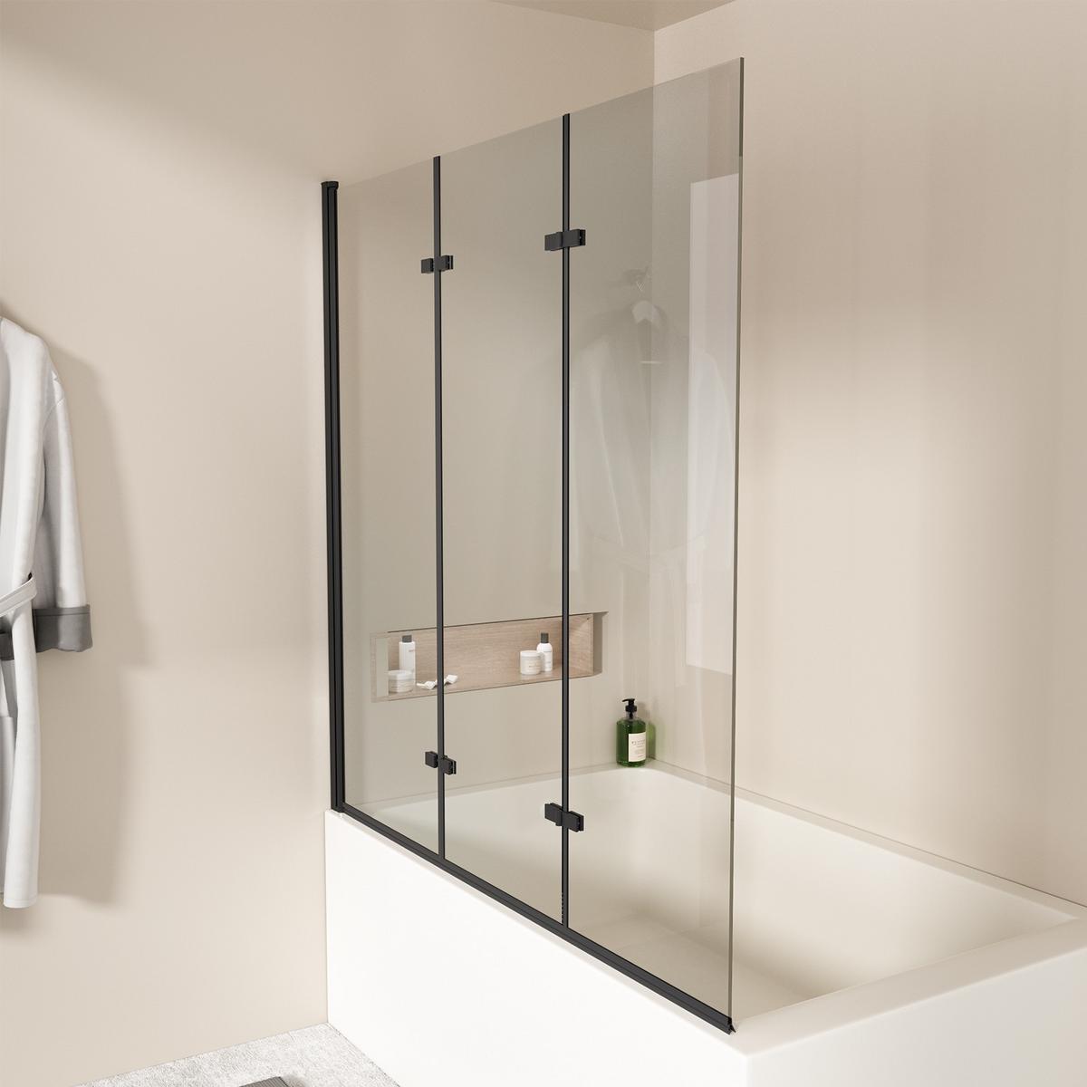BADEWANNENAUFSATZ 3-teilig faltbar schwarz 130/140 cm - Schwarz, Glas (130/140cm) - EMKE