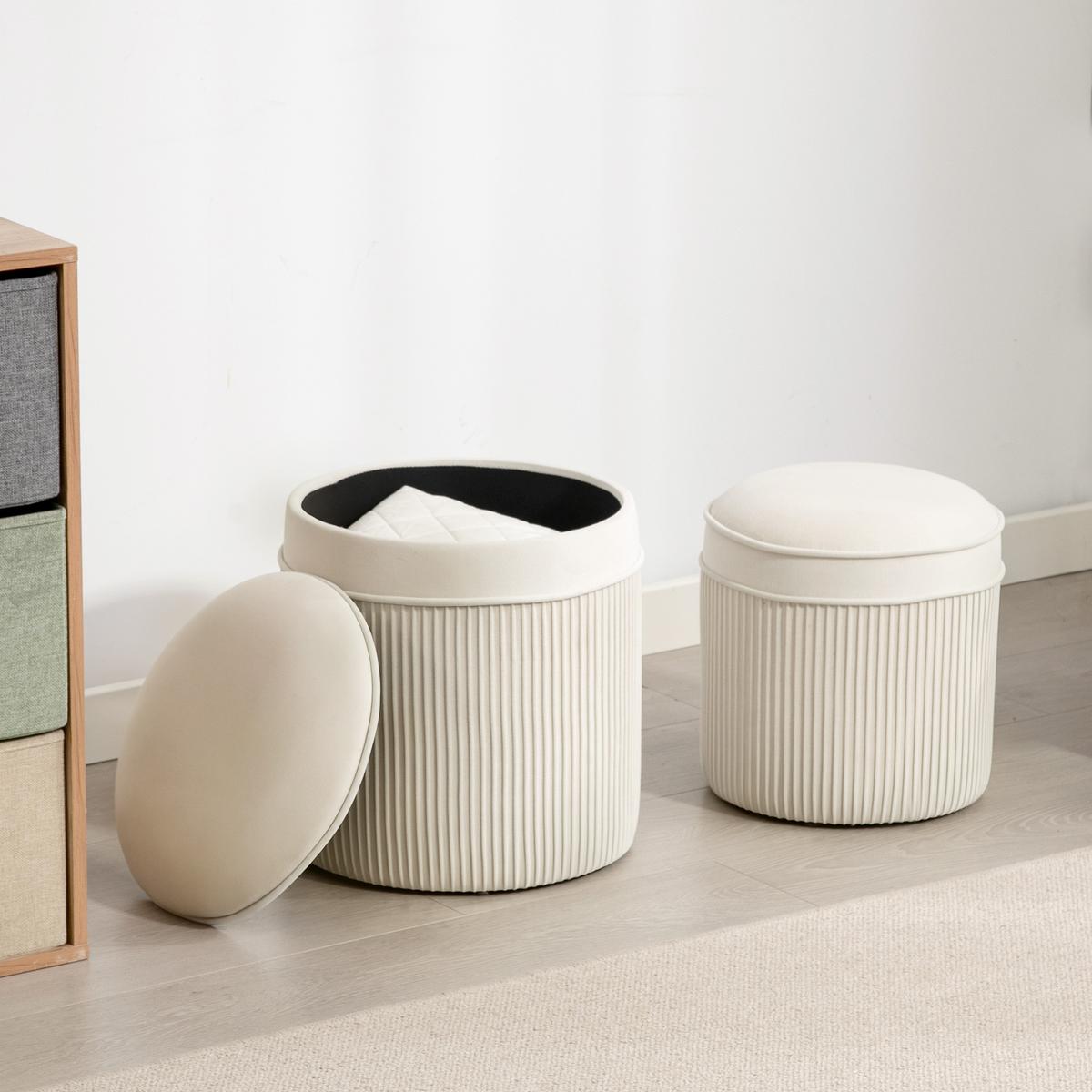 SITZHOCKER mit Stauraum Hocker und Deckel, Samtoptik - Creme/Weiß, Textil (36/41.5/36cm) - HOMCOM