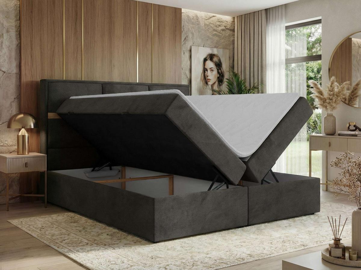 BOXSPRINGBETT ORVO 140/200 - Dunkelgrau Velvet - Topper T25 - H4 - Dunkelgrau/Schwarz, Kunststoff/Textil (140/200cm) - MKS