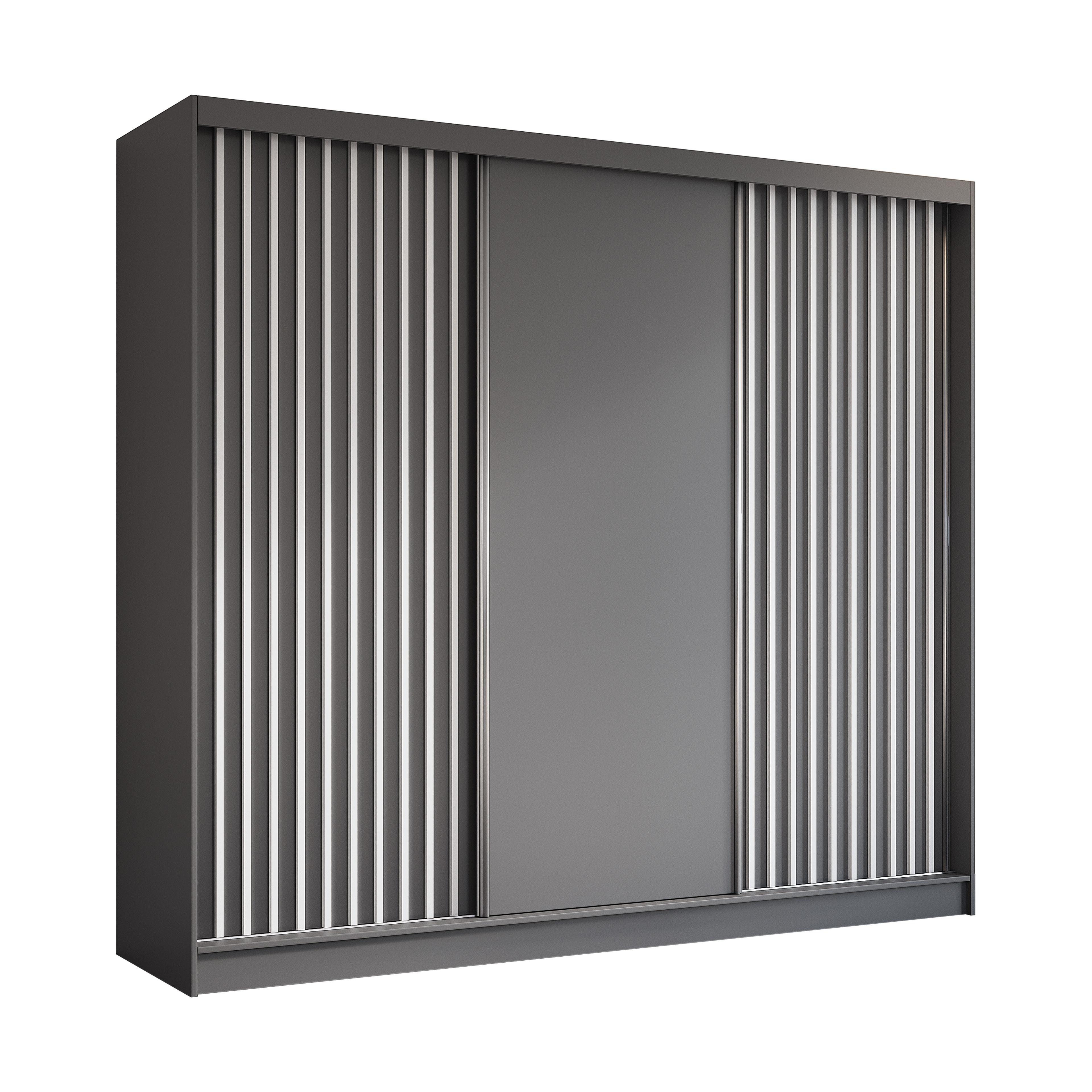KLEIDERSCHRANK mit furnierten Schiebetüren und Aluminium-Leisten - LABELO - 240 cm Grau+Grau+Weiß - Weiß/Grau, Holzwerkstoff (240/216/61cm) - ALTDECOR
