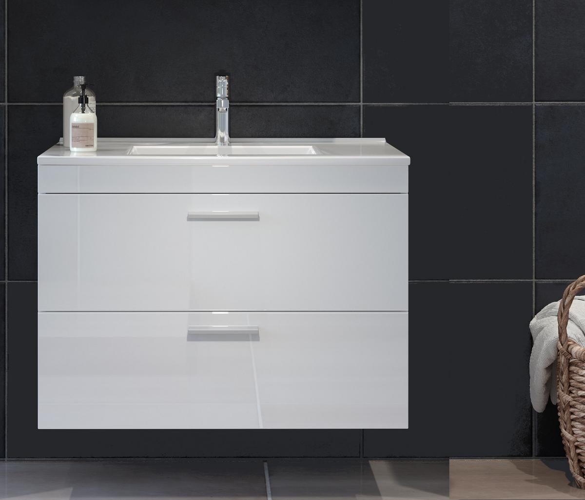 WASCHBECKENUNTERSCHRANK mit Waschbecken weiß Hochglanz, Waschtisch hängend 81 x 59 cm - Weiß Hochglanz/Silberfarben, Holzwerkstoff/Kunststoff (81/59/47cm) - Top.Furn