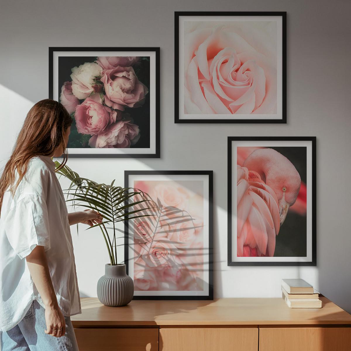 BILDER SET 4er Set - 50x50 cm & 40x60 cm Schwarzer Rahmen - Pastellrosa Flamingos - Schwarz, Kunststoff (50/50cm) - TULUP