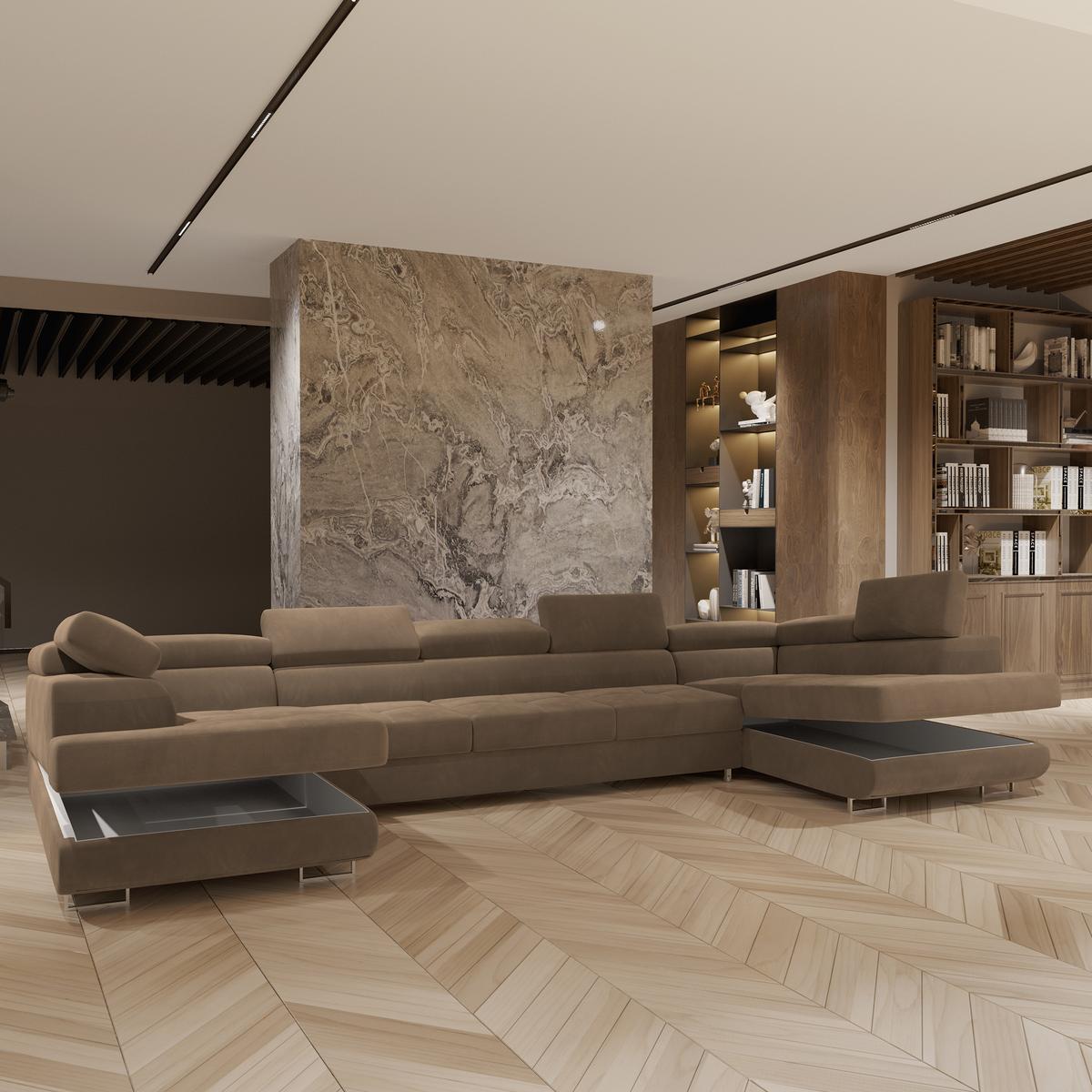 WOHNLANDSCHAFT ISOLANO Beige Velours-Stoff mit Schlaffunktion - Beige, Holz (408/90/202cm) - MASSENO