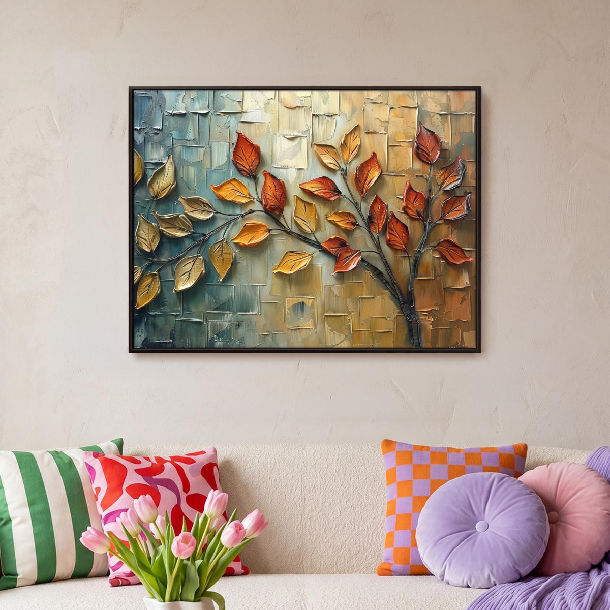 LEINWAND Bilder mit Rahmen - Baum - Abstrakt - Natur - Kunst - 80x60 - Goldfarben, Textil (80/60cm) - MuchoWow