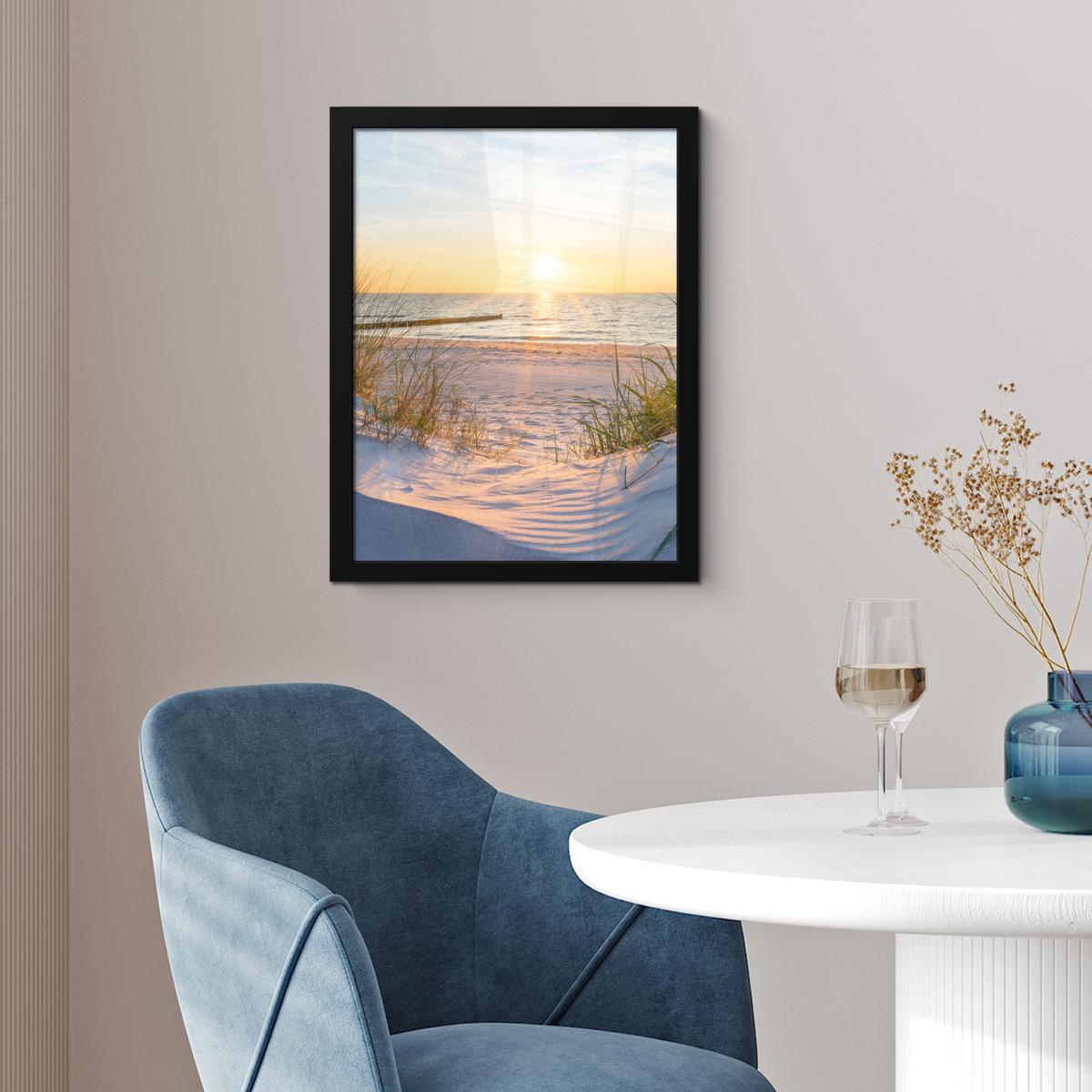 POSTER MIT RAHMEN Strand - Sonne - Düne - Gras - Sand - Horizont Bilderrahmen 30x40 cm - Hellblau, Papier (30/40cm) - MuchoWow