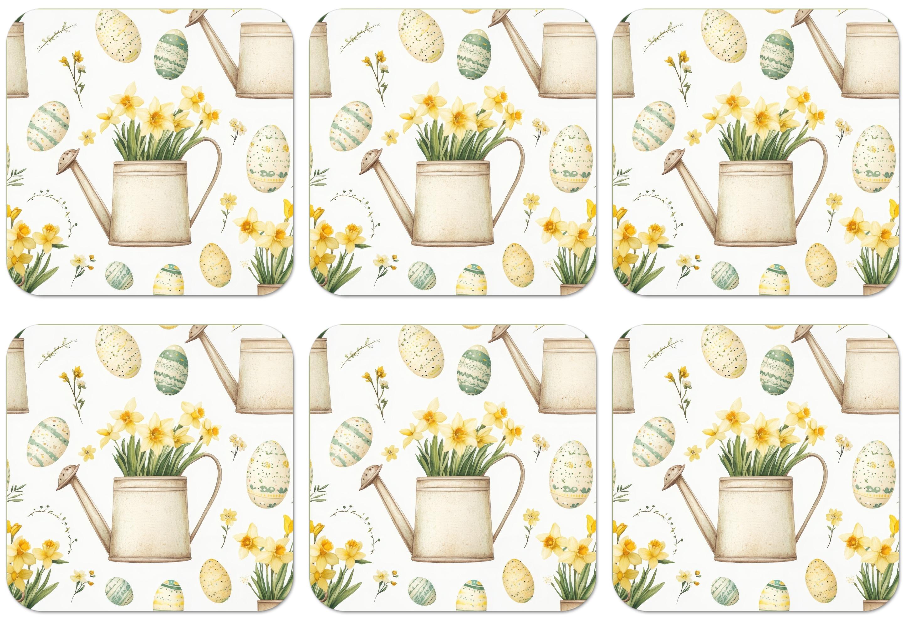 GLASUNTERSETZER 6er-Set Gießkanne - Blumen - Eier Tischset für Gläser 10x10 cm - Weiß, Naturmaterialien (10/0.2cm) - MuchoWow