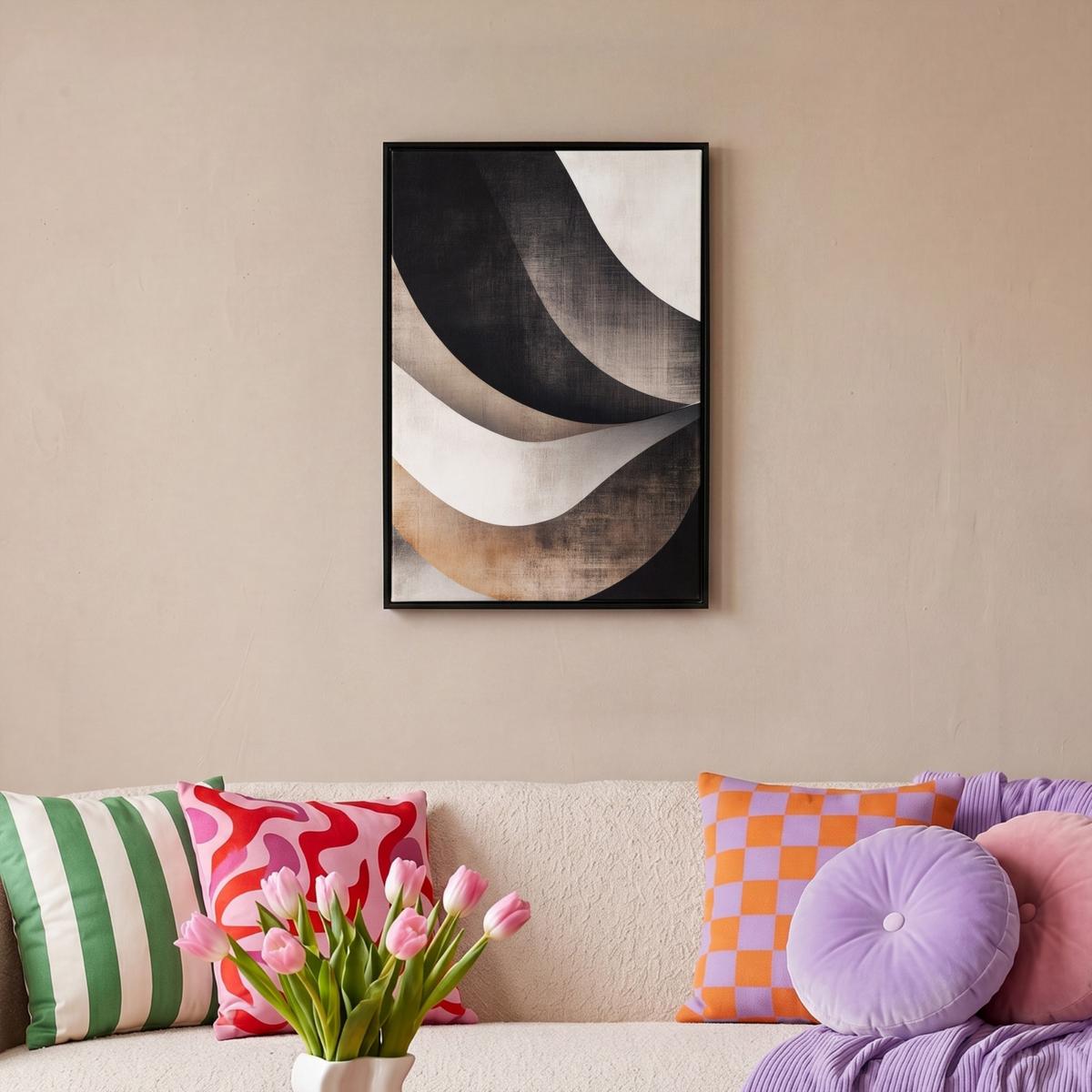 LEINWAND Bilder mit Rahmen - Abstrakt - Wellen - Schwarz - Verwittert - 40x60 - Trüffeleichefarben, Textil (40/60cm) - MuchoWow