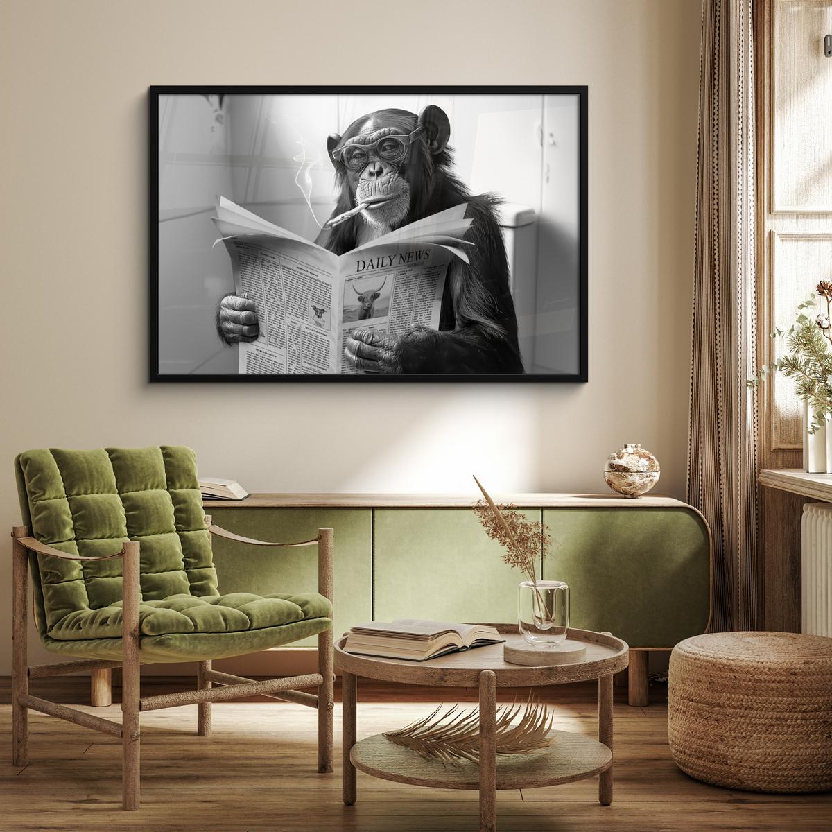 POSTER MIT RAHMENGERAHMTES BILD Affe - WC - Zeitung - Schwarz-Weiß - Humor 120x80 cm - Hellgrau, Papier (120/80cm) - MuchoWow