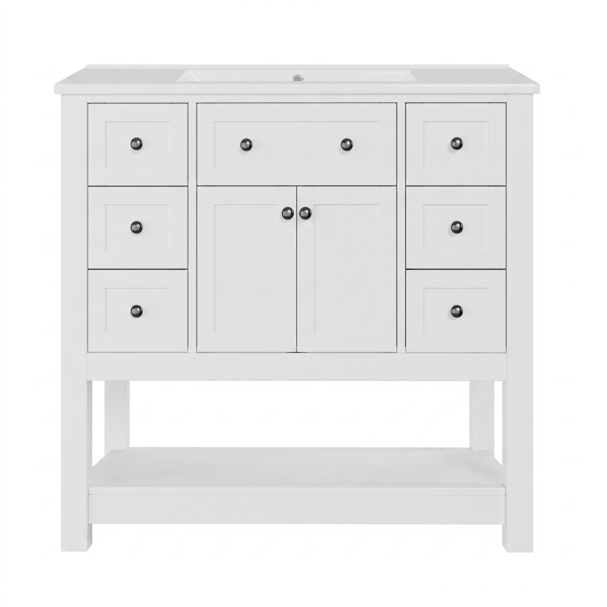 WASCHTISCH Freistehend Weiß mit Keramikbecken, 6 Schubladen & Regal - Weiß, Holzwerkstoff (91.5/90/46.5cm) - Urban Meuble