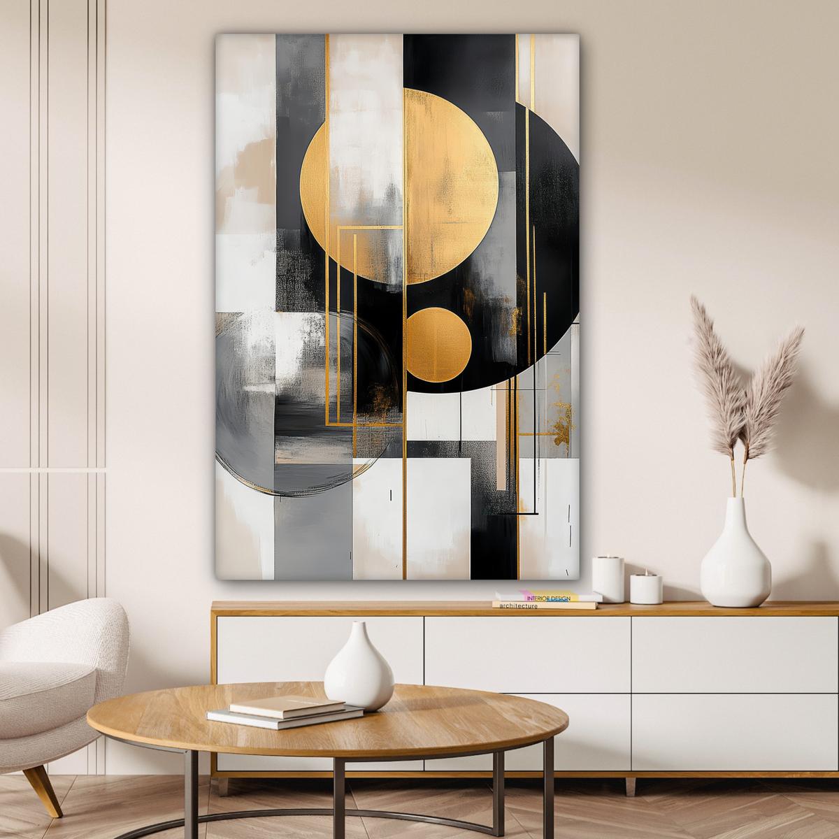LEINWANDBILD Abstrakt - Gold - Silber - Formen - Ästhetisch - Modern Deko XXL 80x120 cm - Goldfarben, Textil (80/120cm) - MuchoWow