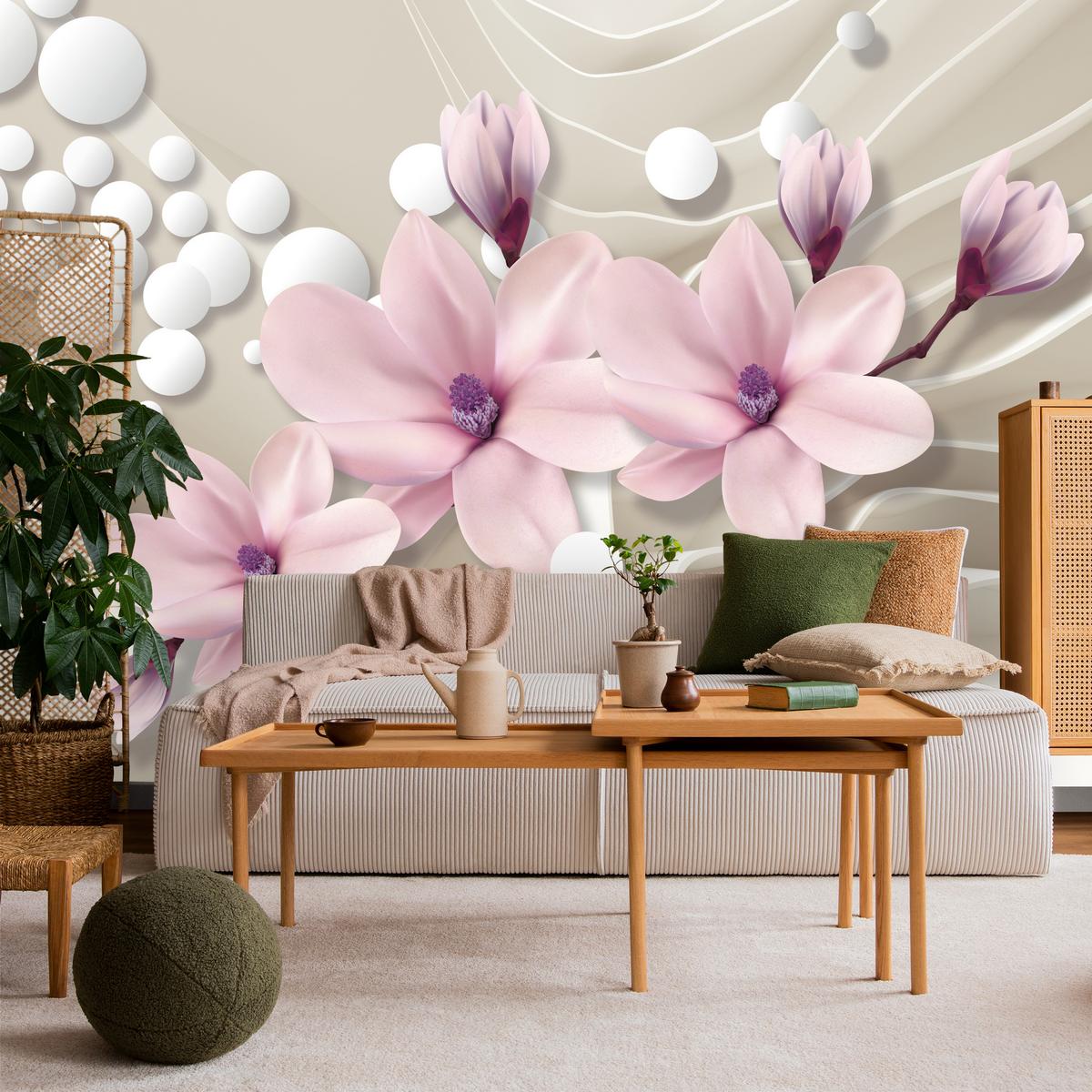 FOTOTAPETE für Wohnzimmer BLUMEN Magnolien ROSA Welliges Raumhintergrund 100x70 - Beige/Rosa, Papier (100/70cm) - Muralo