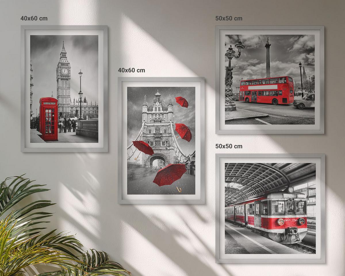 BILDER SET 4er Set - 50x50 cm & 40x60 cm Silberner Rahmen - Red Accents London - Silberfarben, Kunststoff (50/50cm) - TULUP